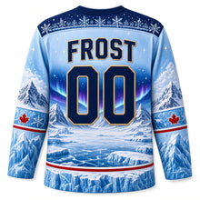 Load image into Gallery viewer, Canada Patriotic Arctic Polar Frontier Original Hockey Jersey in Glacier Ice Blue, back view with your name and number – icy plain and snow-capped ridges
