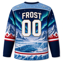Load image into Gallery viewer, Canada Patriotic Arctic Polar Frontier Original Hockey Jersey in Polar Night Navy, back view with your name and number – northern lights over glacier peaks