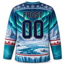 Load image into Gallery viewer, Canada Patriotic Arctic Polar Frontier Original Hockey Jersey in Aurora Teal, back view with your name and number – aurora sky over arctic glaciers
