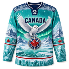 Load image into Gallery viewer, Canada Patriotic Arctic Polar Frontier Original Hockey Jersey in Aurora Teal, front view – snowy owl in flight above a compass-rose maple-leaf crest and glaciers, custom name and number