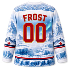 Load image into Gallery viewer, Canada Patriotic Arctic Polar Frontier Original Hockey Jersey in Snowfield White, back view with your name and number – frozen tundra and glacier hem