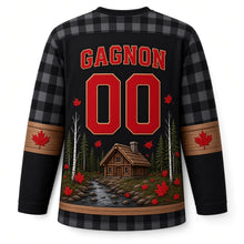 Load image into Gallery viewer, Canada Patriotic Beaver Lodge Lumberjack Original Hockey Jersey in Backcountry Black, back view with your name and number