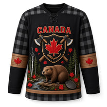 Load image into Gallery viewer, Canada Patriotic Beaver Lodge Lumberjack Original Hockey Jersey in Backcountry Black, front view – custom name and number