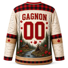 Load image into Gallery viewer, Canada Patriotic Beaver Lodge Lumberjack Original Hockey Jersey in Birchbark Cream, back view with your name and number