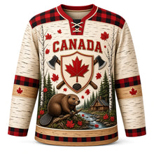 Load image into Gallery viewer, Canada Patriotic Beaver Lodge Lumberjack Original Hockey Jersey in Birchbark Cream, front view – custom name and number