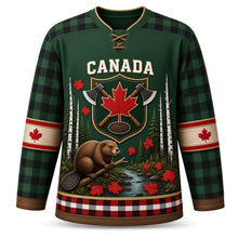 Load image into Gallery viewer, Canada Patriotic Beaver Lodge Lumberjack Original Hockey Jersey in Spruce Green, front view – custom name and number