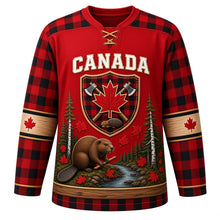 Load image into Gallery viewer, Canada Patriotic Beaver Lodge Lumberjack Original Hockey Jersey in Lumberjack Red, front view – custom name and number
