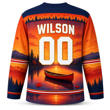 Load image into Gallery viewer, Canada Patriotic Canoe Country Sunset Original Hockey Jersey in Sunset Ember, back view with your name and number