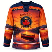 Load image into Gallery viewer, Canada Patriotic Canoe Country Sunset Original Hockey Jersey in Sunset Ember, front view – custom name and number