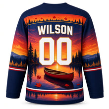 Load image into Gallery viewer, Canada Patriotic Canoe Country Sunset Original Hockey Jersey in Lakeshore Navy, back view with your name and number