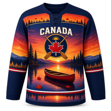 Load image into Gallery viewer, Canada Patriotic Canoe Country Sunset Original Hockey Jersey in Lakeshore Navy, front view – custom name and number