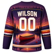 Load image into Gallery viewer, Canada Patriotic Canoe Country Sunset Original Hockey Jersey in Twilight Plum, back view with your name and number