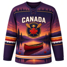 Load image into Gallery viewer, Canada Patriotic Canoe Country Sunset Original Hockey Jersey in Twilight Plum, front view – custom name and number