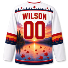 Load image into Gallery viewer, Canada Patriotic Canoe Country Sunset Original Hockey Jersey in Birch White, back view with your name and number