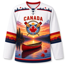 Load image into Gallery viewer, Canada Patriotic Canoe Country Sunset Original Hockey Jersey in Birch White, front view – custom name and number