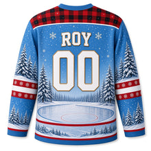 Load image into Gallery viewer, Canada Frozen Pond Legacy Original Hockey Jersey in Pond Ice Blue, back view with your name and number – buffalo-check plaid yoke, plaid sleeve bands and snowy pine hem