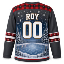 Load image into Gallery viewer, Canada Frozen Pond Legacy Original Hockey Jersey in Woodsmoke Charcoal, back view with your name and number – buffalo-check plaid yoke, plaid sleeve bands and snowy pine hem