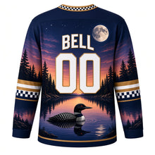 Load image into Gallery viewer, Canada Loon Lake Twilight Original Hockey Jersey in Twilight Navy, back view with your name and number – loon-feather checker yoke, dusk sleeve bands and lake-ripple hem