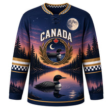 Load image into Gallery viewer, Canada Loon Lake Twilight Original Hockey Jersey in Twilight Navy, front view – loon gliding on a mirror lake at dusk under a full moon, custom name and number