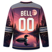 Load image into Gallery viewer, Canada Loon Lake Twilight Original Hockey Jersey in Dusk Rose, back view with your name and number – loon-feather checker yoke, dusk sleeve bands and lake-ripple hem