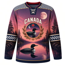 Load image into Gallery viewer, Canada Loon Lake Twilight Original Hockey Jersey in Dusk Rose, front view – loon gliding on a mirror lake at dusk under a full moon, custom name and number