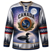 Load image into Gallery viewer, Canada Loon Lake Twilight Original Hockey Jersey in Moonlit Silver, front view – loon gliding on a mirror lake at dusk under a full moon, custom name and number