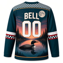 Load image into Gallery viewer, Canada Loon Lake Twilight Original Hockey Jersey in Lakeside Teal, back view with your name and number – loon-feather checker yoke, dusk sleeve bands and lake-ripple hem