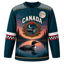 Load image into Gallery viewer, Canada Loon Lake Twilight Original Hockey Jersey in Lakeside Teal, front view – loon gliding on a mirror lake at dusk under a full moon, custom name and number