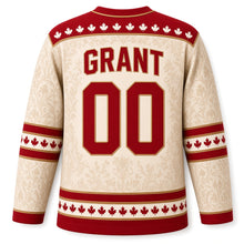 Load image into Gallery viewer, Canada Maple Leaf Heritage Stripes Original Hockey Jersey in Vintage Cream, back view with your name and number – maple-leaf yoke, heritage sleeve stripes and laced collar