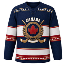 Load image into Gallery viewer, Canada Maple Leaf Heritage Stripes Original Hockey Jersey in Heritage Navy, front view – heritage red and white stripes, vintage laced collar and gold maple-leaf crest with crossed sticks, custom name and number