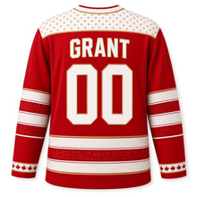 Load image into Gallery viewer, Canada Maple Leaf Heritage Stripes Original Hockey Jersey in Maple Red, back view with your name and number – maple-leaf yoke, heritage sleeve stripes and laced collar