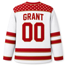 Load image into Gallery viewer, Canada Maple Leaf Heritage Stripes Original Hockey Jersey in Northern White, back view with your name and number – maple-leaf yoke, heritage sleeve stripes and laced collar
