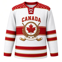 Load image into Gallery viewer, Canada Maple Leaf Heritage Stripes Original Hockey Jersey in Northern White, front view – heritage red and white stripes, vintage laced collar and gold maple-leaf crest with crossed sticks, custom name and number