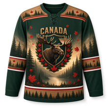 Load image into Gallery viewer, Canada Patriotic Moose Pine Forest Original Hockey Jersey in Pine Forest Green, front view – custom name and number