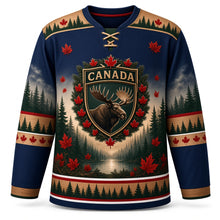 Load image into Gallery viewer, Canada Patriotic Moose Pine Forest Original Hockey Jersey in Glacier Navy, front view – gold-filigree moose shield crest over a misty pine forest, custom name and number