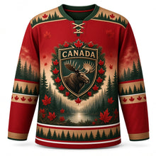Load image into Gallery viewer, Canada Patriotic Moose Pine Forest Original Hockey Jersey in Maple Red, front view – custom name and number