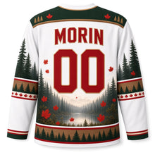Load image into Gallery viewer, Canada Patriotic Moose Pine Forest Original Hockey Jersey in Northern White, back view with your name and number
