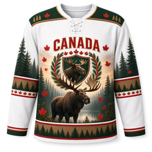 Load image into Gallery viewer, Canada Patriotic Moose Pine Forest Original Hockey Jersey in Northern White, front view – custom name and number