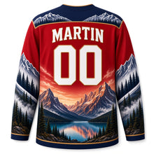 Load image into Gallery viewer, Canada Rocky Mountain Majesty Original Hockey Jersey in Alpine Red, back view with your name and number – mountain-peak yoke, pine-pattern sleeve stripes and glacier hem