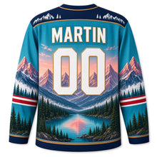 Load image into Gallery viewer, Canada Rocky Mountain Majesty Original Hockey Jersey in Glacier Teal, back view with your name and number – mountain-peak yoke, pine-pattern sleeve stripes and glacier hem