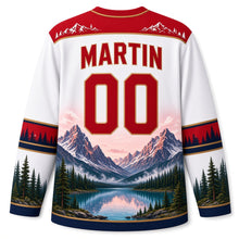 Load image into Gallery viewer, Canada Rocky Mountain Majesty Original Hockey Jersey in Summit White, back view with your name and number – mountain-peak yoke, pine-pattern sleeve stripes and glacier hem