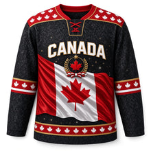 Load image into Gallery viewer, Canada Patriotic True North Flag Wave Original Hockey Jersey in Granite Black, front view – custom name and number