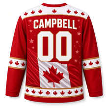 Load image into Gallery viewer, Canada Patriotic True North Flag Wave Original Hockey Jersey in Maple Red, back view with your name and number