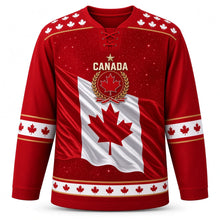 Load image into Gallery viewer, Canada Patriotic True North Flag Wave Original Hockey Jersey in Maple Red, front view – centered gold laurel maple-leaf crest above a waving Canadian flag, custom name and number