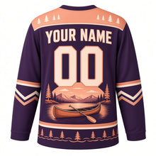 Load image into Gallery viewer, Canoe Mountain Lake Original Hockey Jersey in Dusk Plum, back view with your name and number – pine tree yoke and paddle-chevron sleeve bands