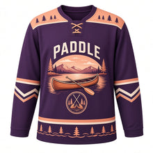 Load image into Gallery viewer, Canoe Mountain Lake Original Hockey Jersey in Dusk Plum, front view – wooden canoe with crossed paddles on a calm mountain lake with canoe crest, custom name and number