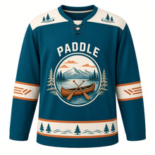 Load image into Gallery viewer, Canoe Mountain Lake Original Hockey Jersey in Lake Teal, front view – wooden canoe with crossed paddles on a calm mountain lake with canoe crest, custom name and number