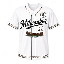 Load image into Gallery viewer, Canoe Portage Milwaukee Baseball Jersey in Birch Bark White, front view – wooden canoe with crossed paddles graphic with pine-tree crest, custom name and number