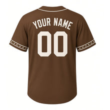 Load image into Gallery viewer, Canoe Portage Milwaukee Baseball Jersey in Paddle Brown, back view with your name and number – custom block name and number with arrow-stripe sleeves