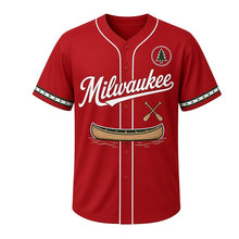 Load image into Gallery viewer, Canoe Portage Milwaukee Baseball Jersey in Canoe Red, front view – wooden canoe with crossed paddles graphic with pine-tree crest, custom name and number